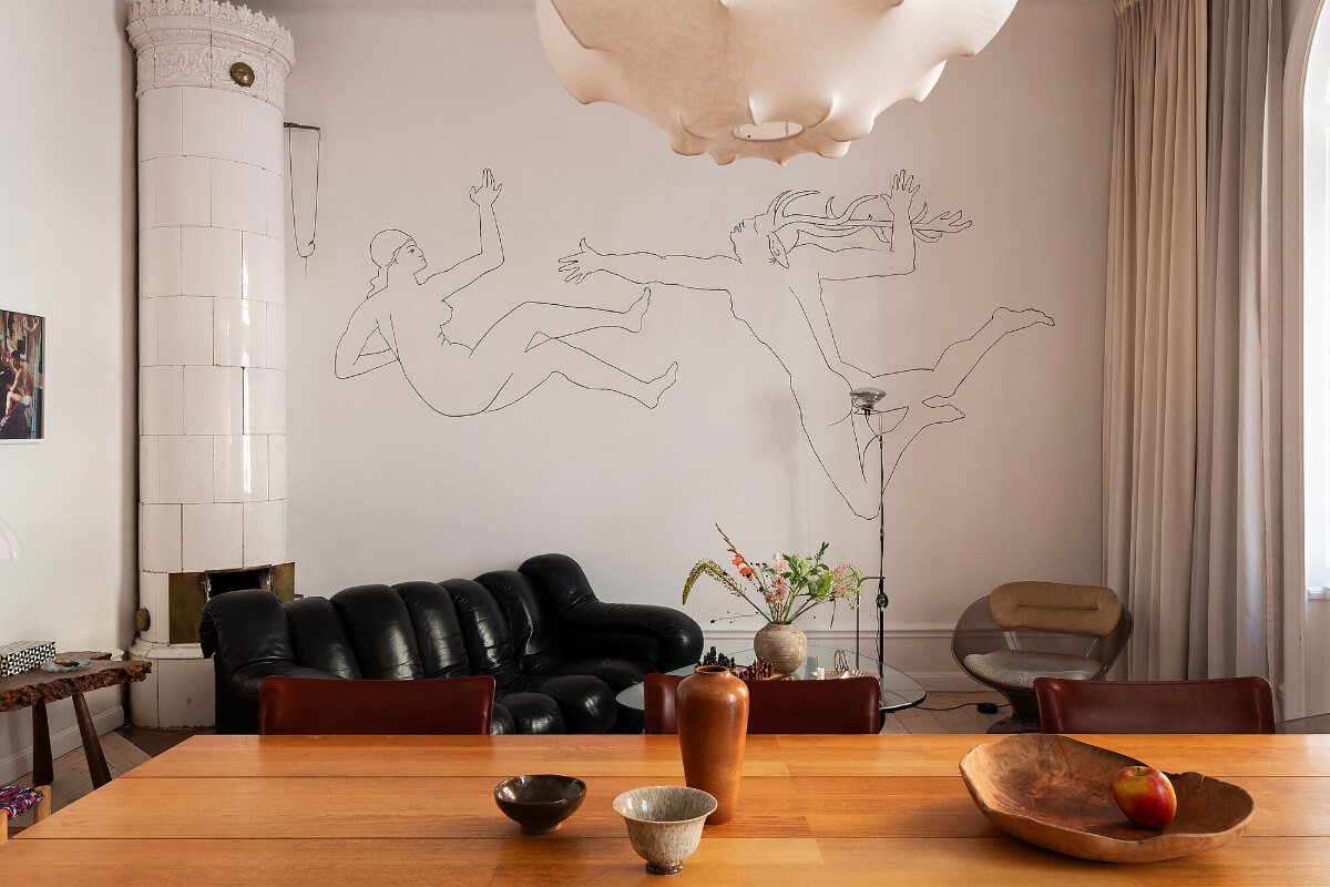 Arches and a Wall Mural in a Swedish Apartment 7 line art mural