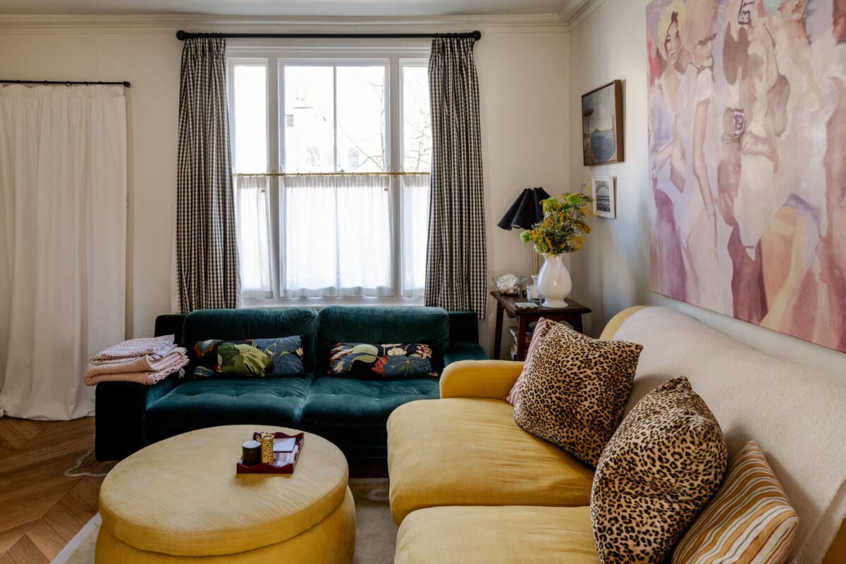 Color, Pattern, and Textures in a Renovated London Townhouse 5 living room green and yellow sofa