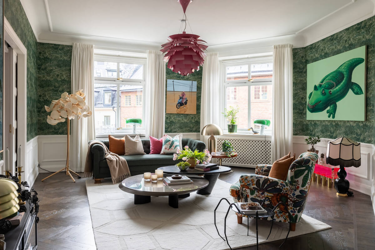 A Red Kitchen in a Grand Swedish Corner Apartment 2 living room herringbone floor green wallpaper