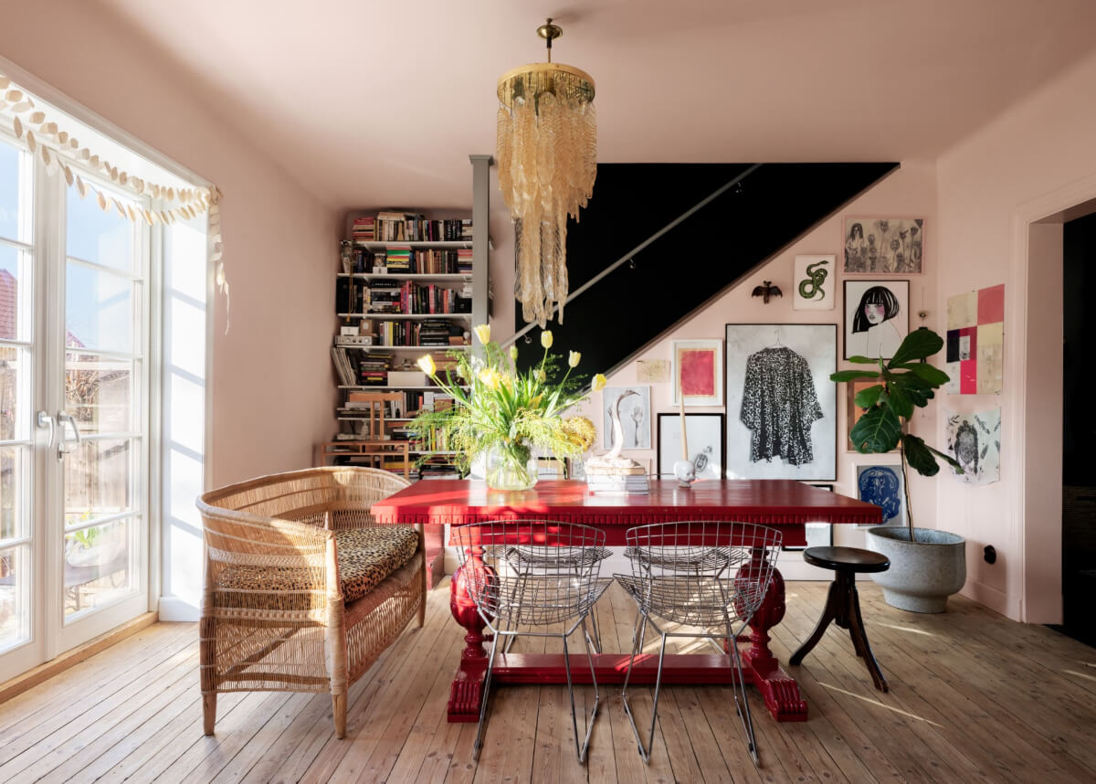 Best of 2025: Dining Rooms 4 living room pink walls red dining table gallery wall