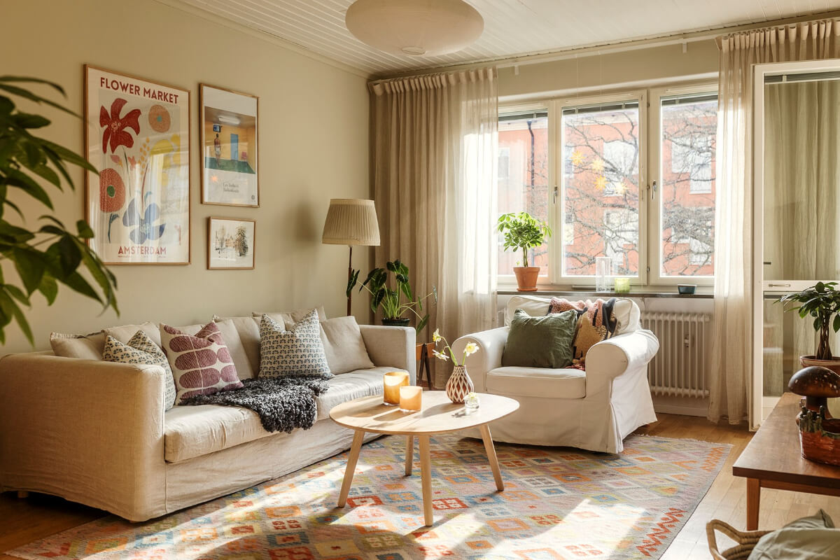 living room sunlight colorful rug