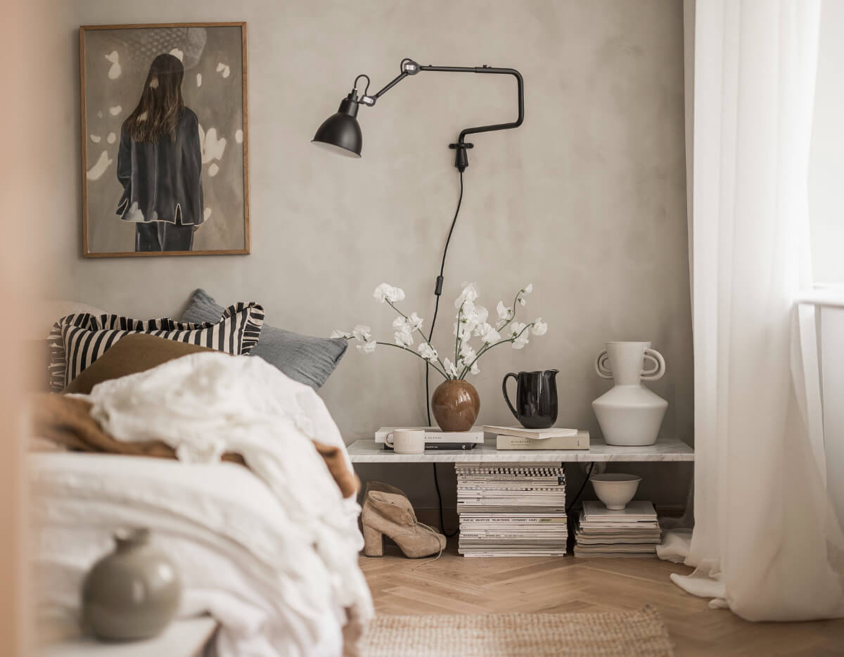 A Light-Filled Contemporary Swedish Apartment 14 marble nightstand bedroom
