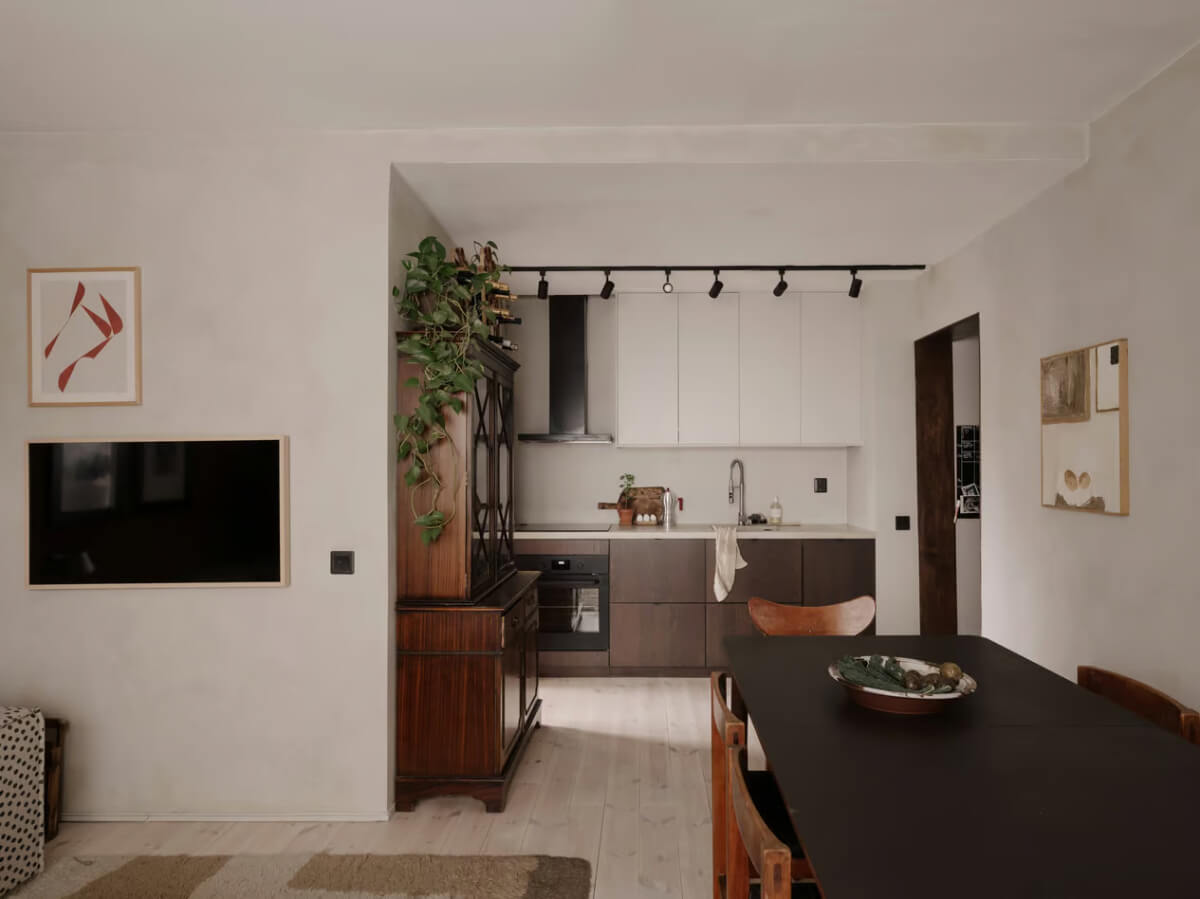 Limewash Walls in Muted Tones in a Swedish Apartment 7 open plan living space