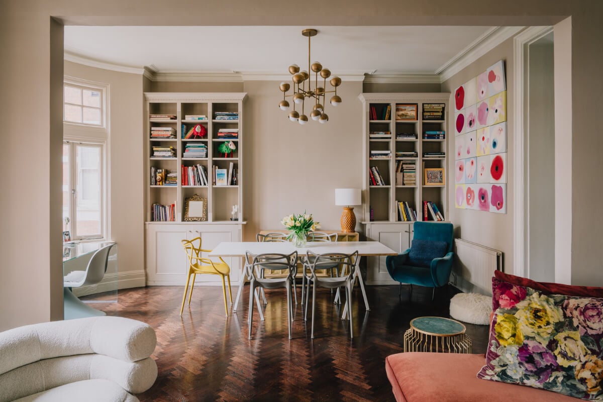 open plan living space herringbone floor