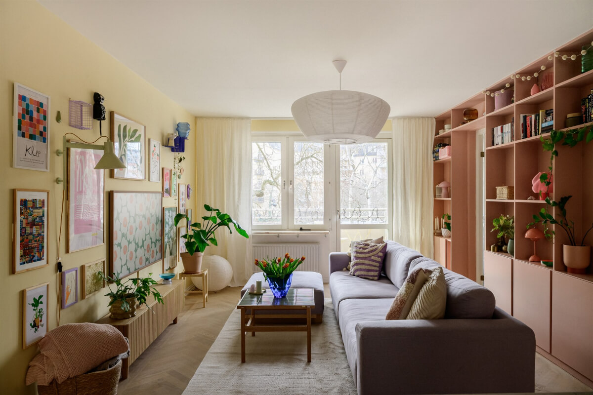 Best of 2025: Living Rooms 23 pink and yellow living room bookshelves gallery wal
