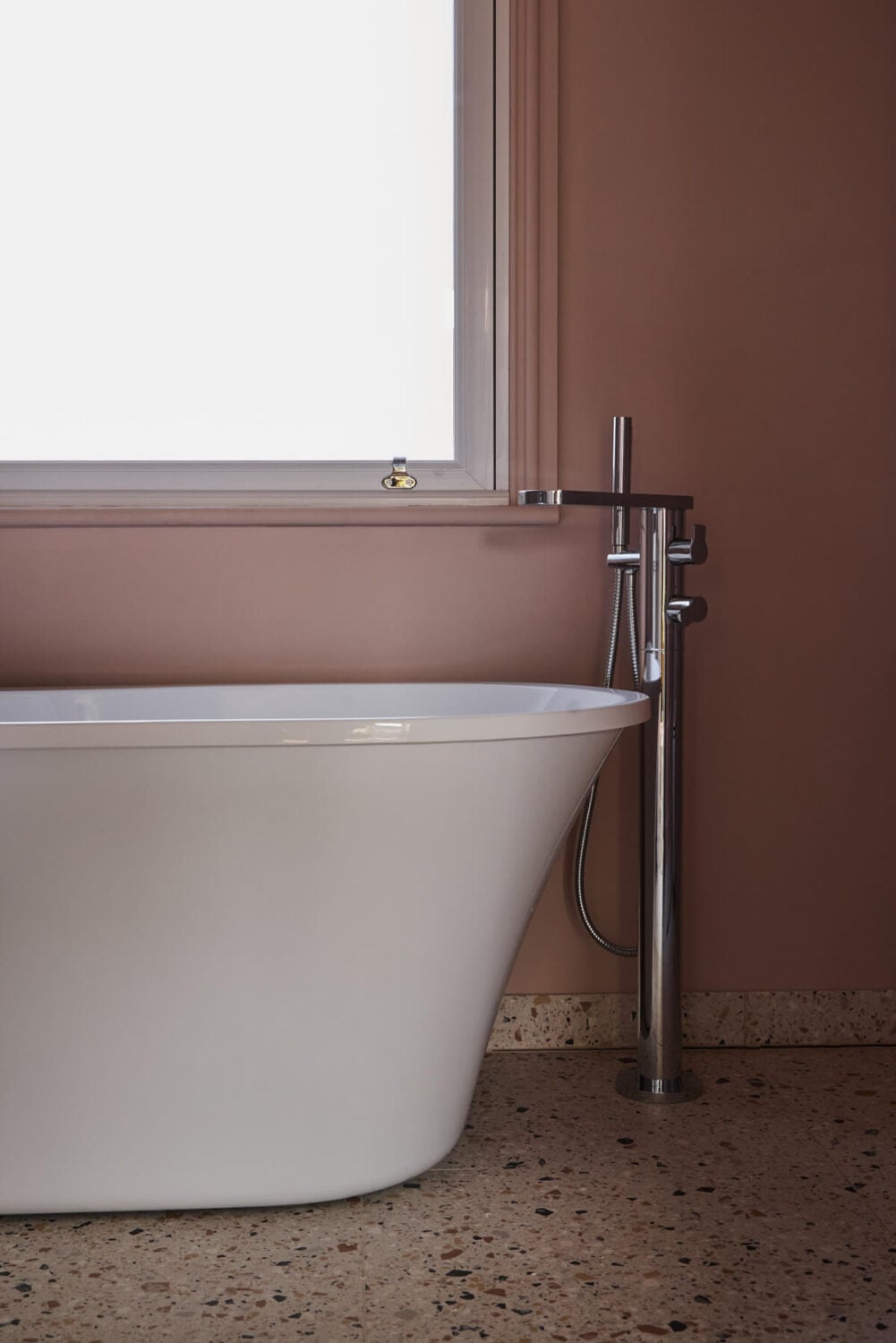 A Beautiful Extended Edwardian House Blends Period Features with Modern Design 23 pink bathroom terrazzo floor