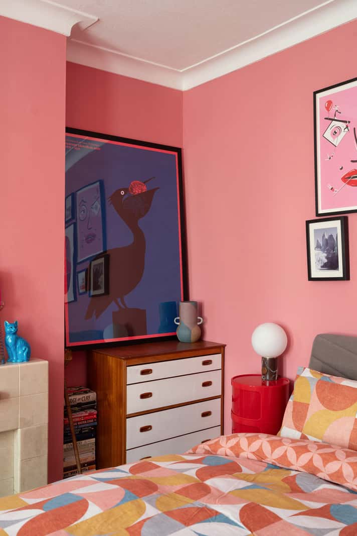 A Colorful Home with a Gold Extension in North London 17 pink bedroom