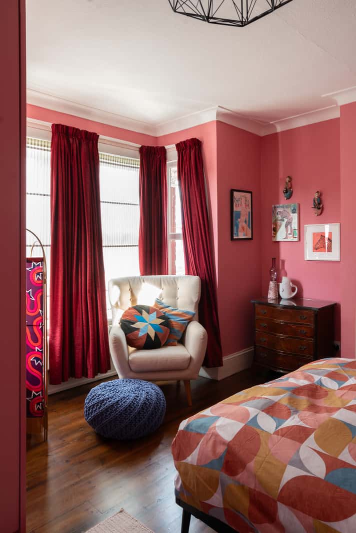 A Colorful Home with a Gold Extension in North London 16 pink bedroom box window