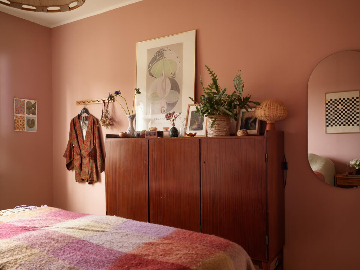 A Renovated 1940s Apartment with Colorful Bedrooms 20 pink bedroom vintage cabinet