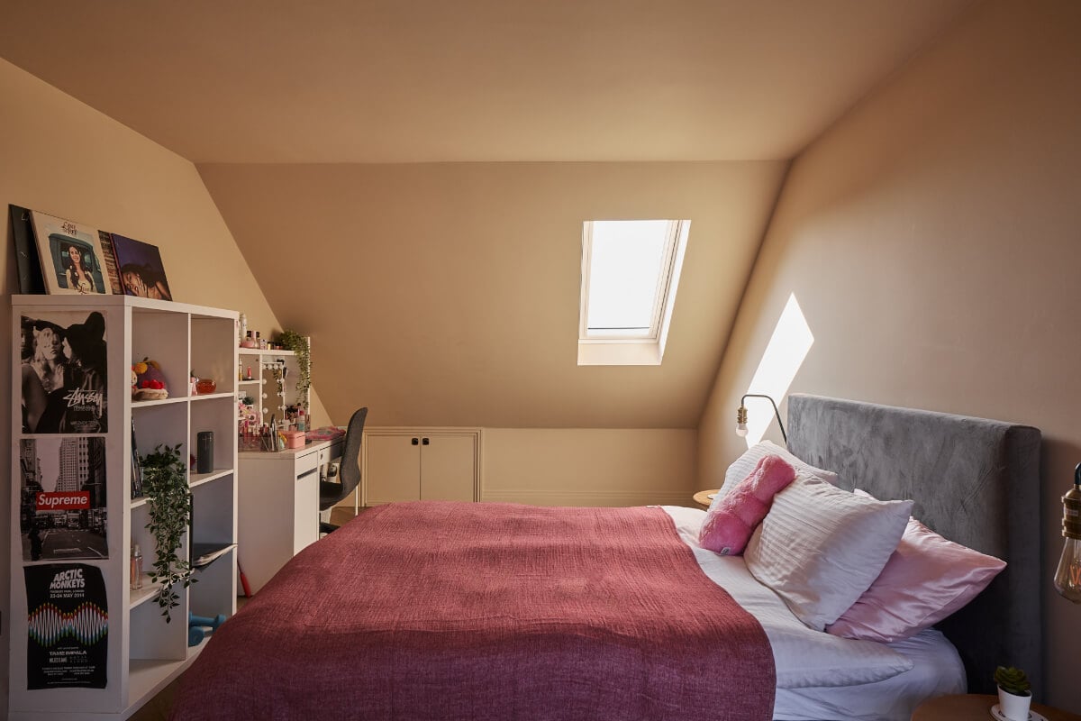 A Beautiful Extended Edwardian House Blends Period Features with Modern Design 28 pink walls attic bedroom