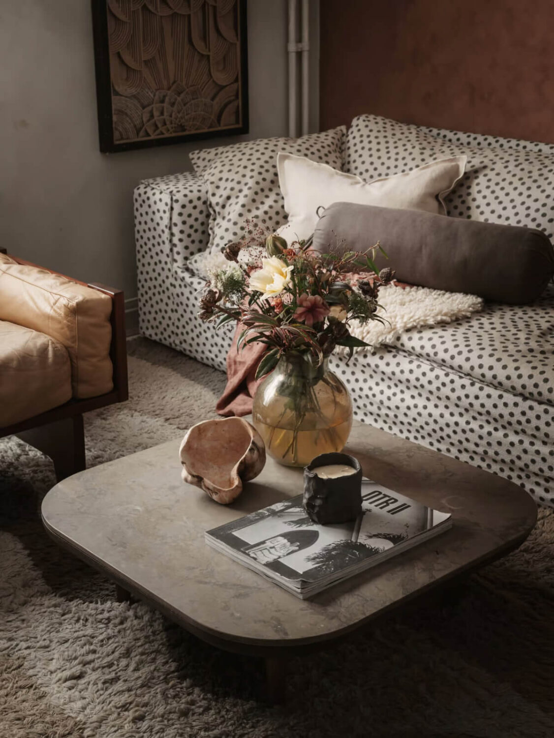 Limewash Walls in Muted Tones in a Swedish Apartment 3 polkadot sofa