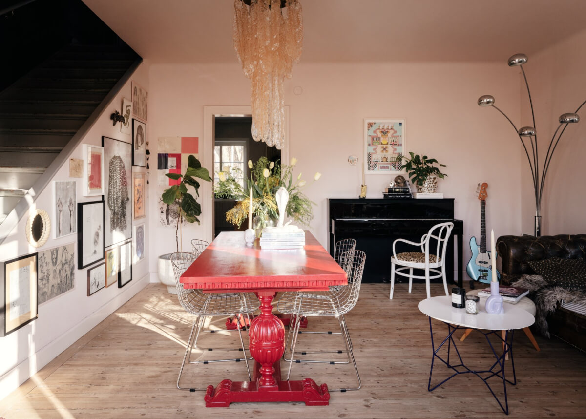 An Amazing Swedish House with Pink and Gray Rooms 5 red dining table gallery wall