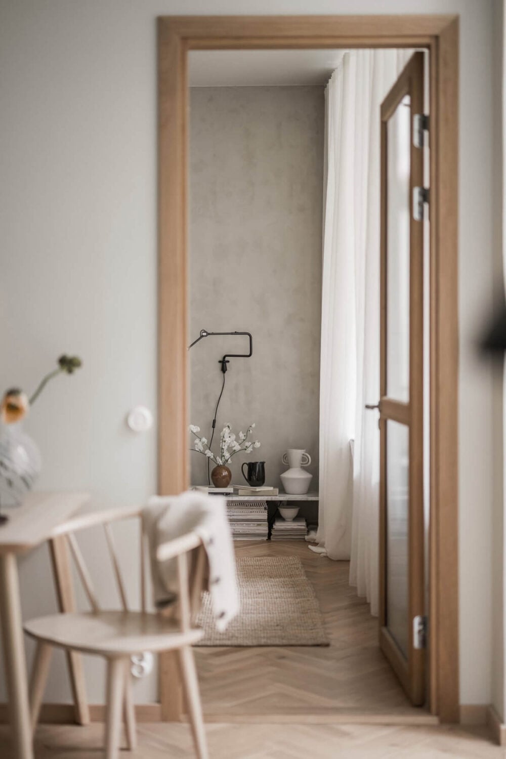 A Light-Filled Contemporary Swedish Apartment 13 reeded glass door bedroom