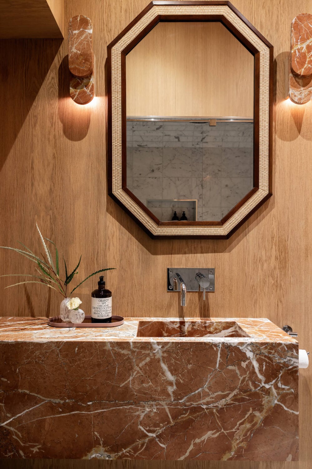 A Luxurious Stockholm Apartment with Period Features and a Blue Fireplace 23 sauna-room-wooden-walls-marble-sink