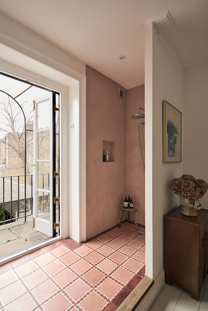 An Early Victorian House with a Unique Barrel-Vaulted Artist's Studio 16 shower with terracotta colored tiles