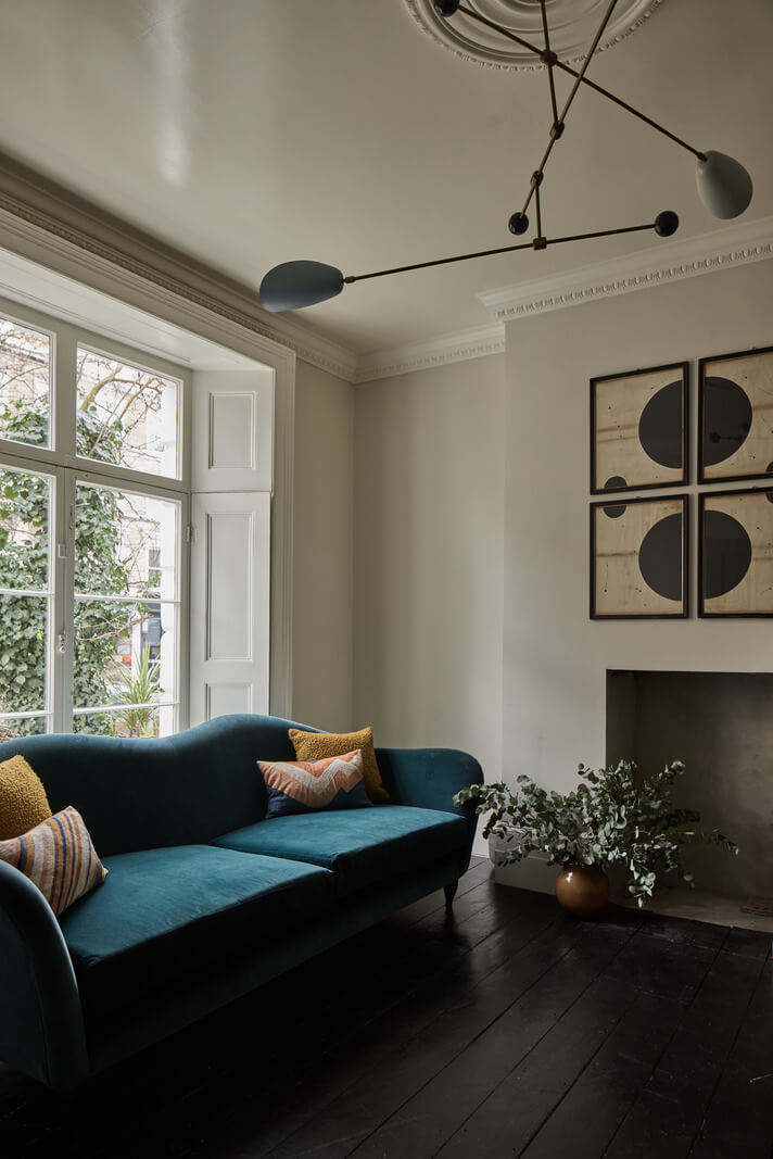 An Early Victorian House with a Unique Barrel-Vaulted Artist's Studio 11 sitting room black-painted floorboards blue sofa