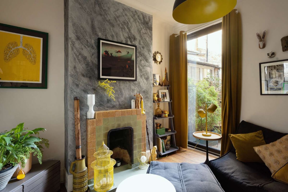A Colorful Home with a Gold Extension in North London 14 sitting room with fireplace