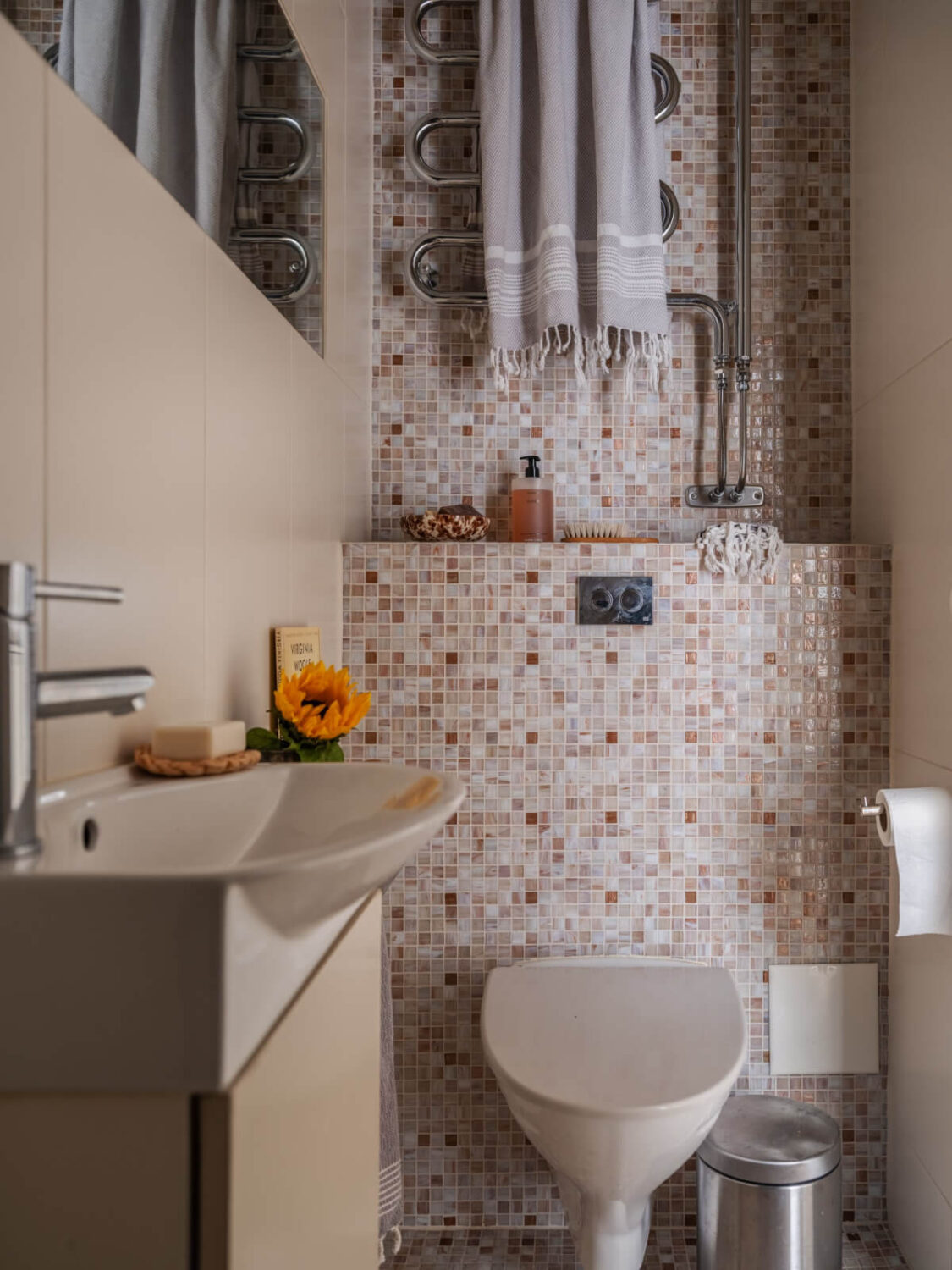 A Small Apartment with Rustic Floorboards and Beige Walls 19 small bathroom mosaic tiles