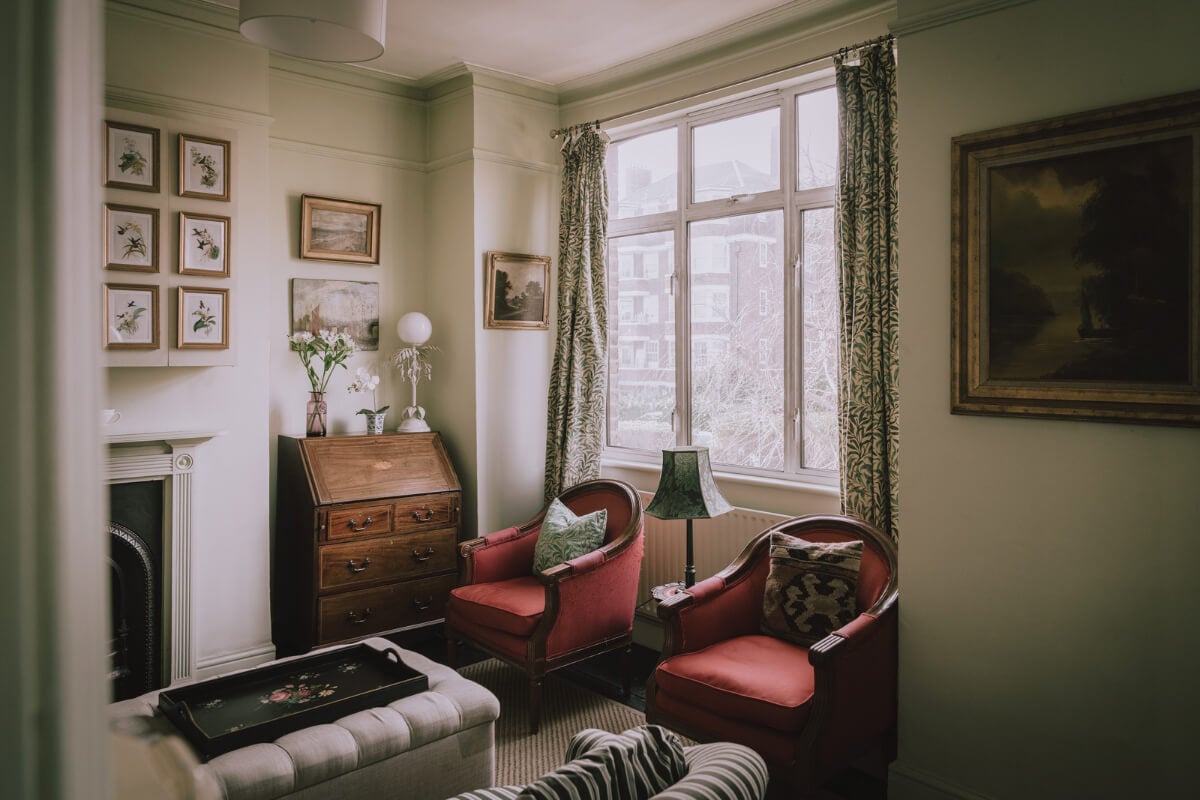 A Carefully Restored Edwardian Apartment with a Garden 3 small living room william morris curtains