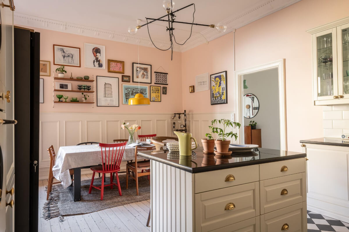 A Light and Spacious Apartment with a Cozy Social Kitchen 21 social kitchen dining room pink walls