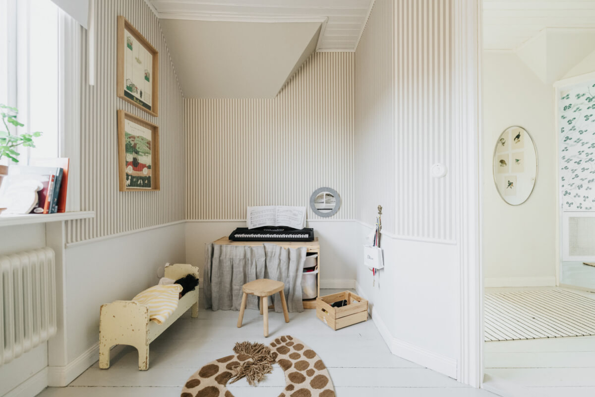 Light-Filled Rooms in a Charming 1907 Swedish Villa 27 striped wallpaper kids bedroom