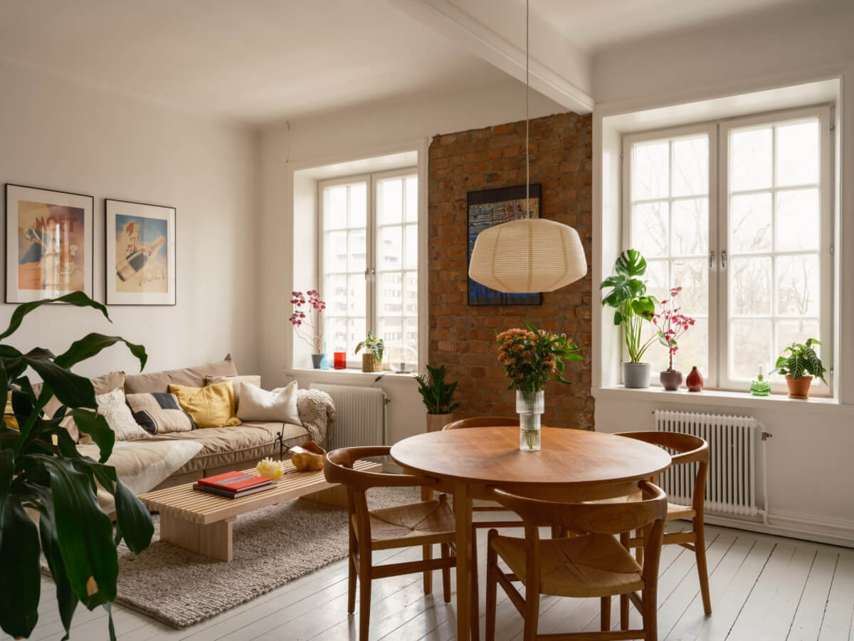 studio apartment exposed brick wal