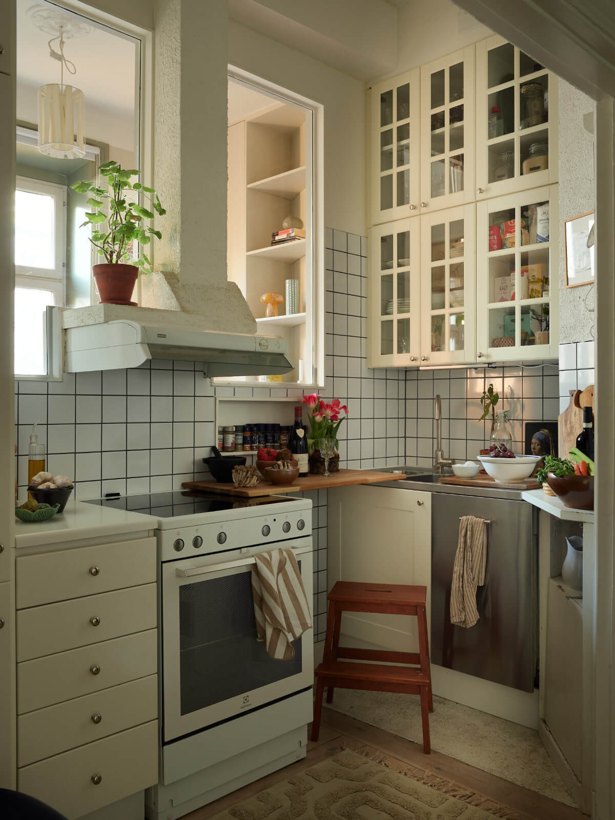 tiny kitchen glass fronted cabinets inner windows