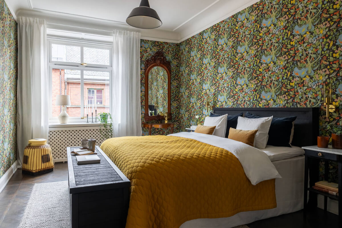 A Red Kitchen in a Grand Swedish Corner Apartment 17 wallpapered bedroom