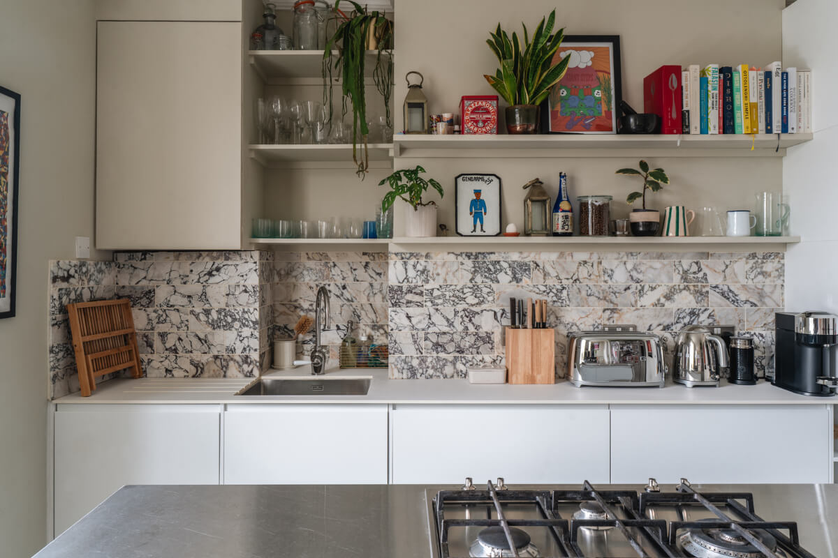 A Cozy Two-Bedroom Attic Apartment in a Victorian Townhouse 6 white kitchen marble backsplash tiles