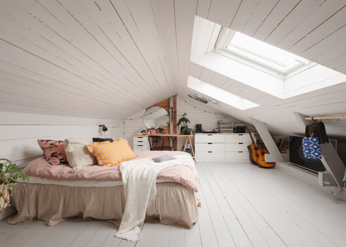 An Amazing Swedish House with Pink and Gray Rooms 31 white loft bedroom desk skylight