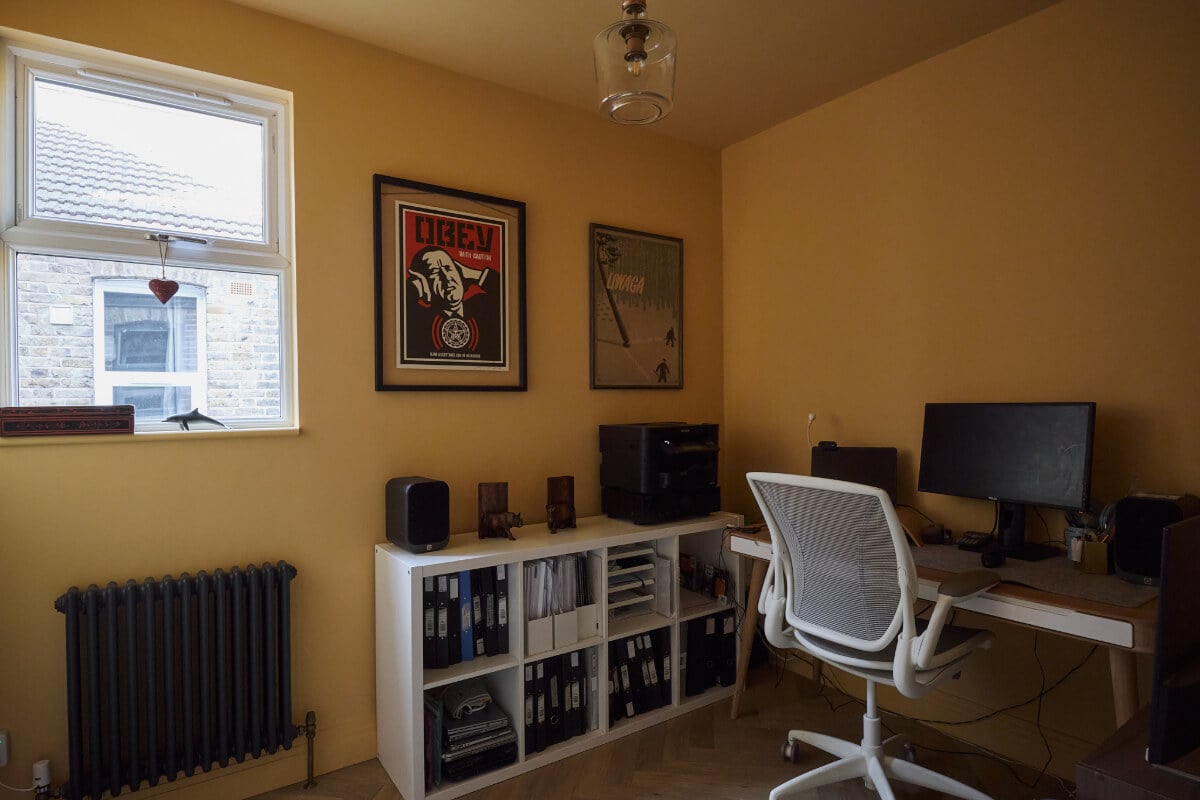 A Beautiful Extended Edwardian House Blends Period Features with Modern Design 27 yellow home office