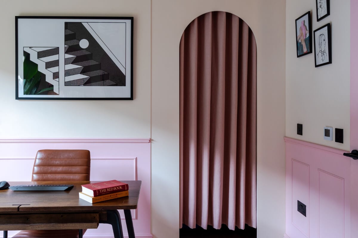 Arched Shapes and Hand-Painted Murals in a Joyful London Townhouse 3 arched doorway with curtain