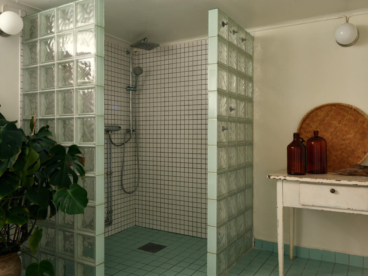 A Charming Semi-Detached House in the First Garden Town of Stockholm 30 bathroom blue floor tiles huge shower