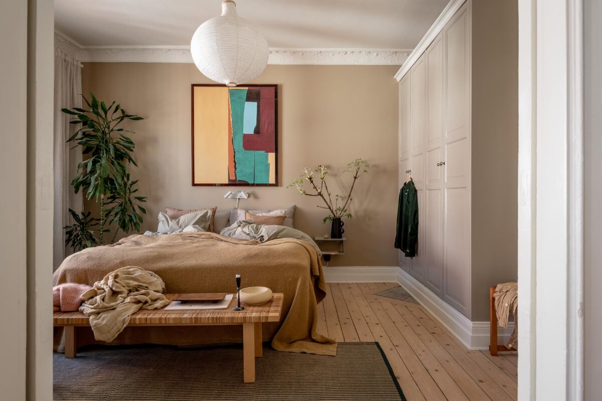 A Natural Color Palette, Period Features, & Grand Rooms in a Swedish Home 10 bedroom dark beige walls built-in wardrobes