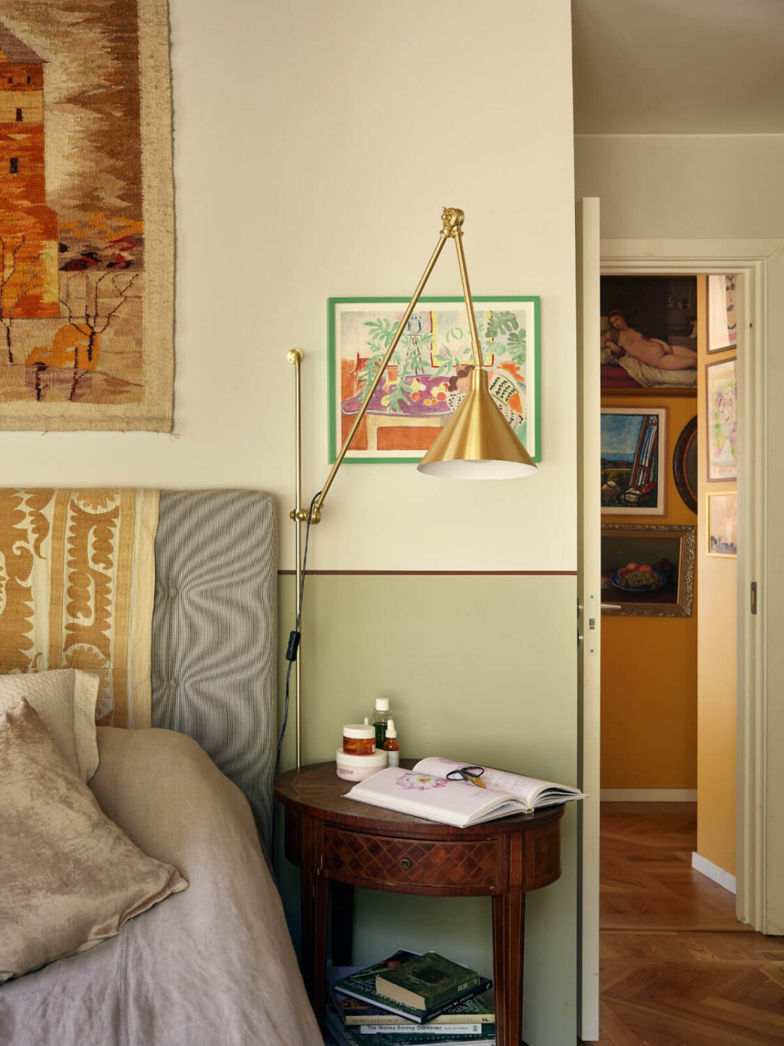 A Personal and Cozy 1960s Family Home in Sweden 12 bedroom striped headboard half painted wall