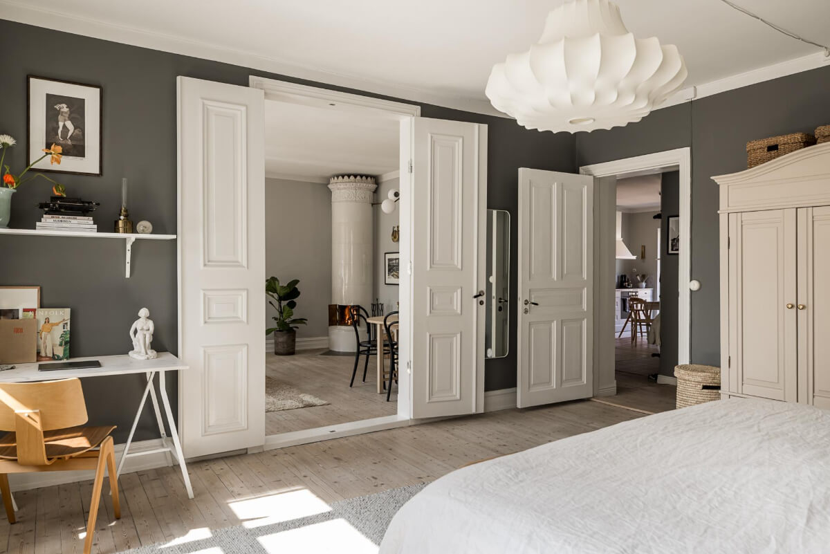 Gray Tones and a Classic Kitchen in a Swedish Apartment 14 bedroom view through apartment