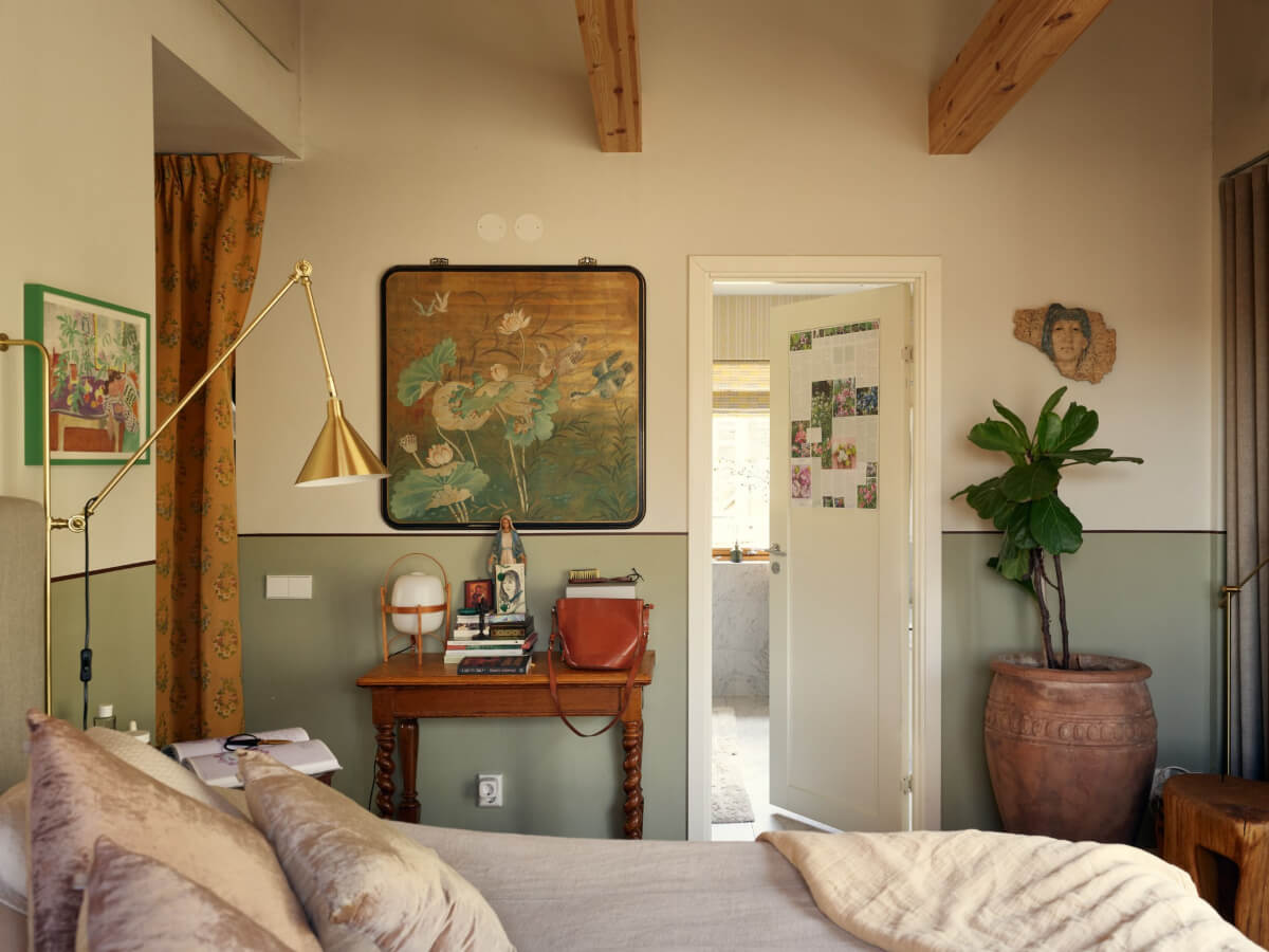 A Personal and Cozy 1960s Family Home in Sweden 15 bedroom wooden beams antique table