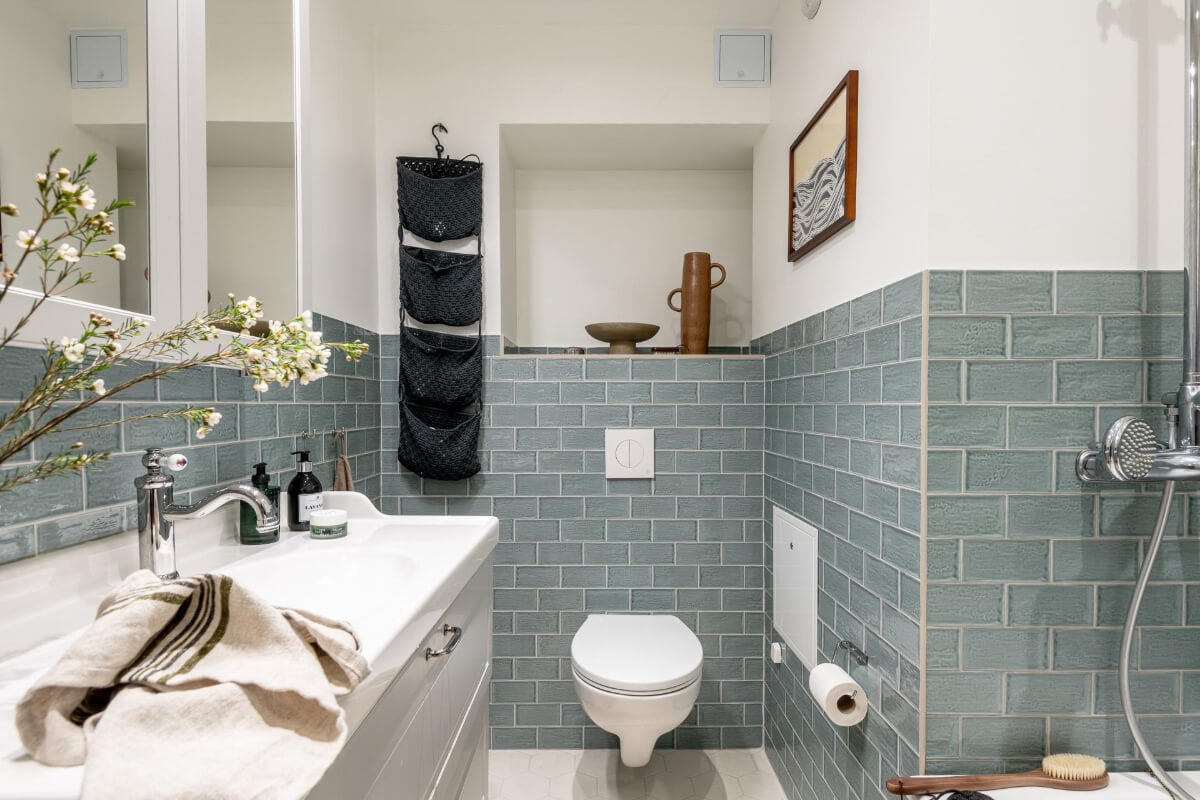 A Natural Color Palette, Period Features, & Grand Rooms in a Swedish Home 44 blue-green tiles bathroom