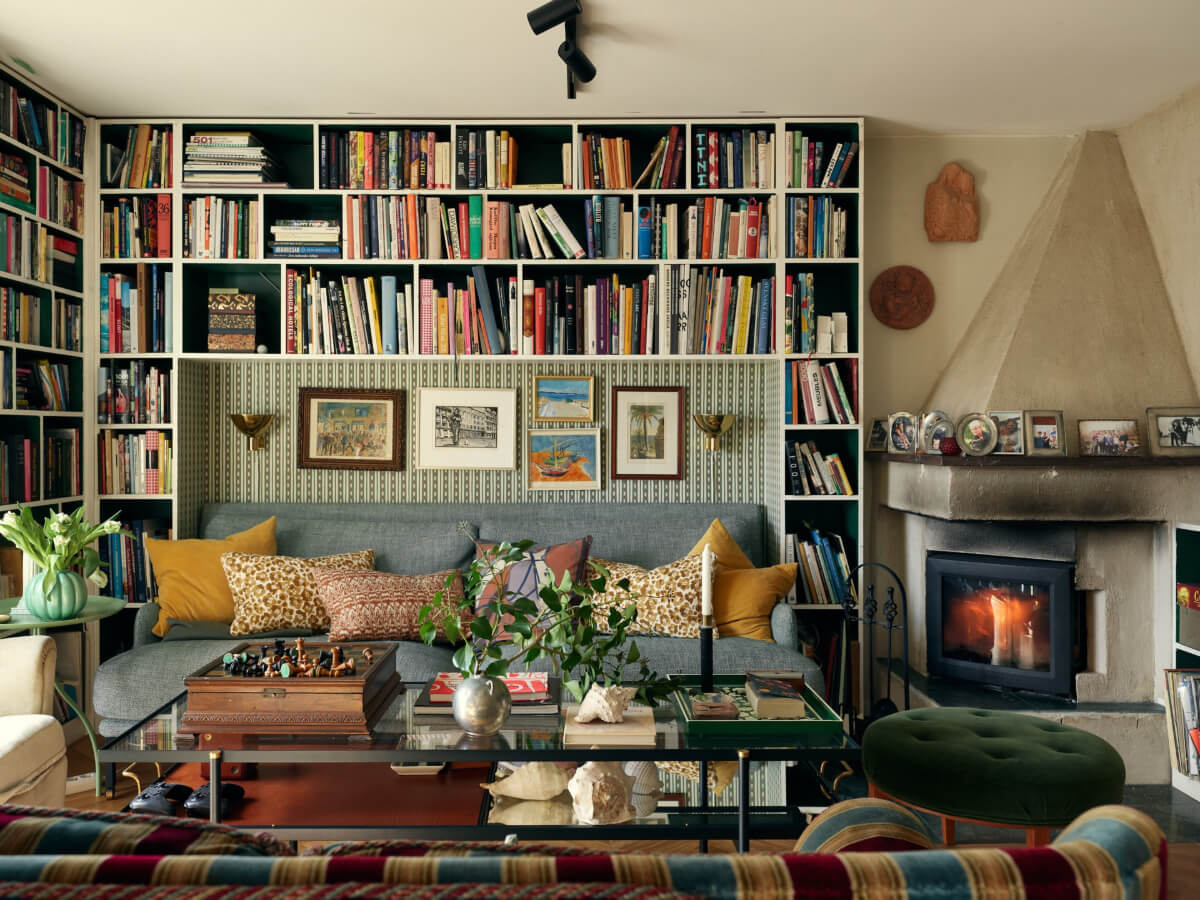 A Personal and Cozy 1960s Family Home in Sweden 28 bookcases wallpaper fireplace living room