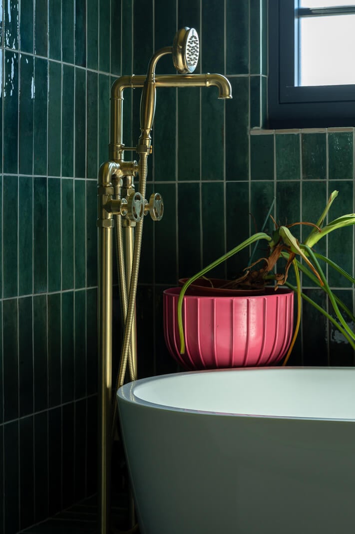 Colorful Design and Historic Features in a Charming English Home 14 brass fittings green bathroom detail nordroom