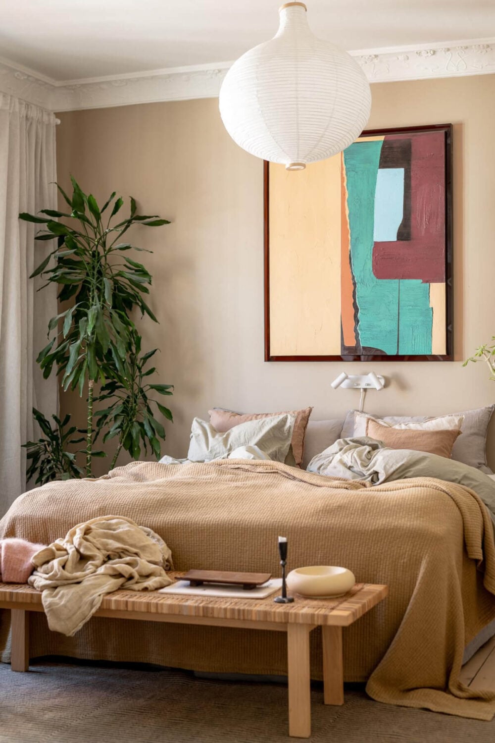 A Natural Color Palette, Period Features, & Grand Rooms in a Swedish Home 11 dark beige walls bedroom