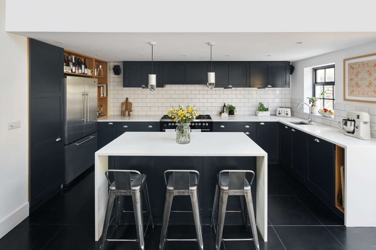 Light and Dark in a Spacious Victorian Townhouse in London 12 dark blue kitchen with island