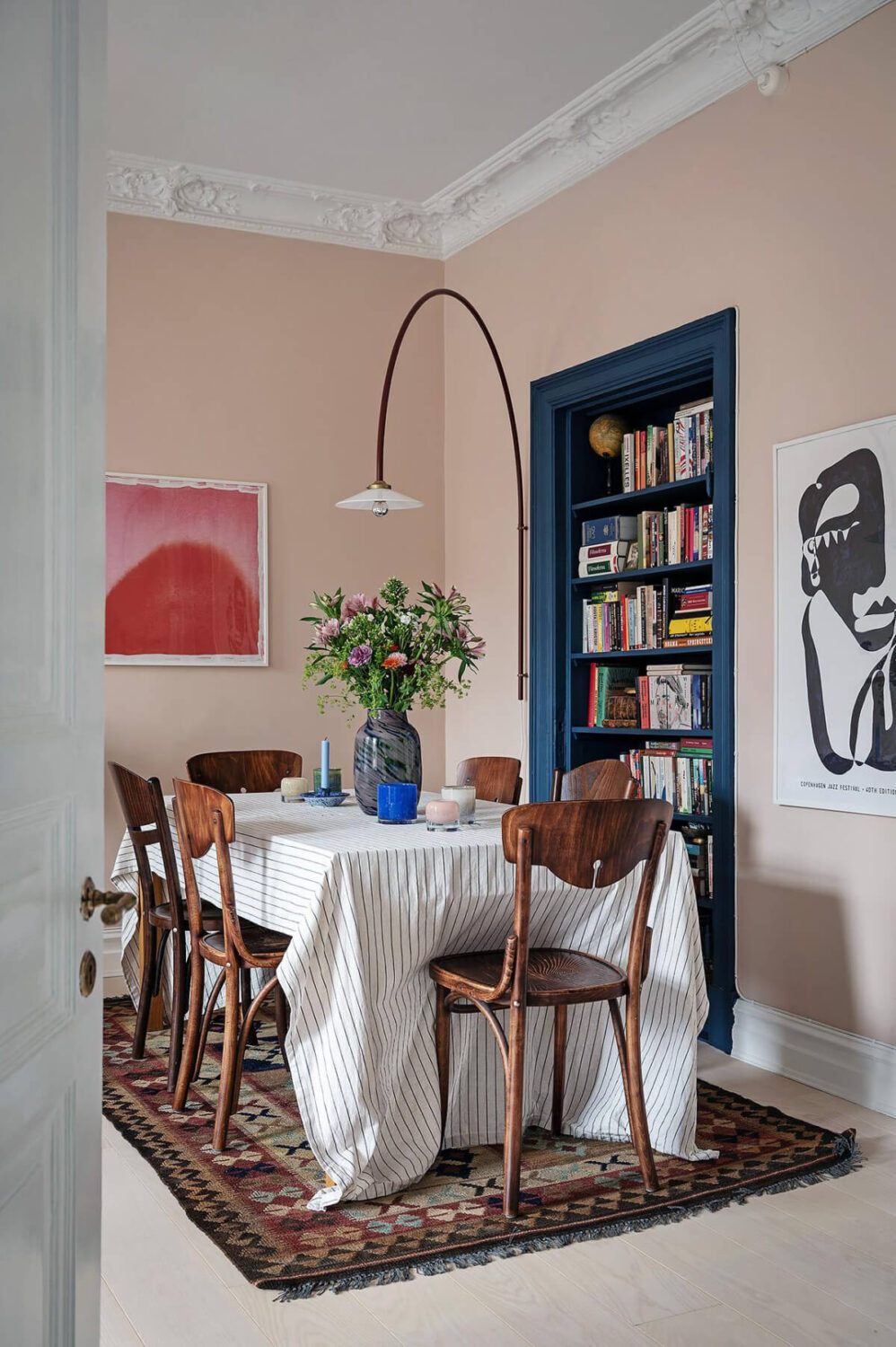 Pink and Blue Tones in a Late 19th-Century Apartment 7 dining table with blue-painted built-in bookcase nordroom
