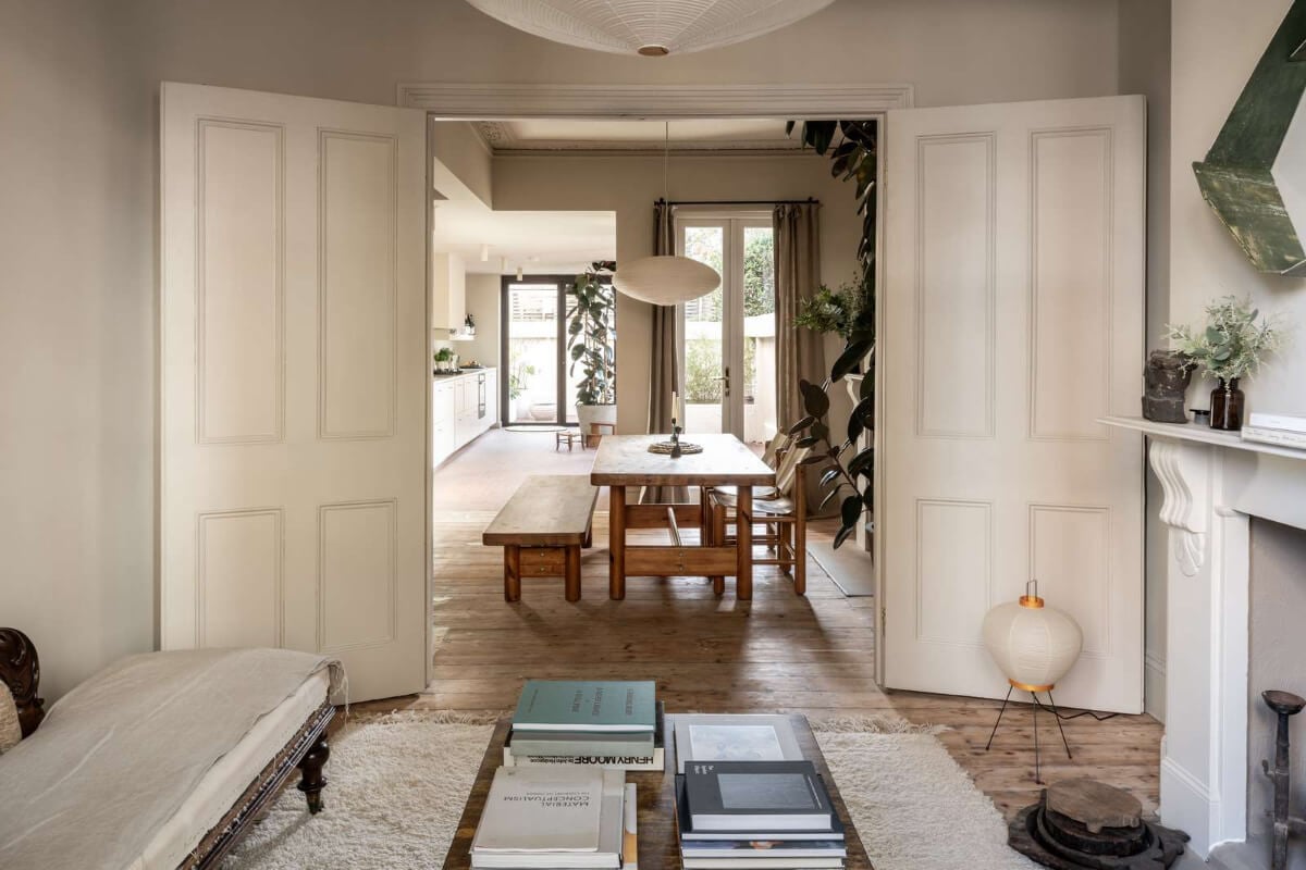 Natural Materials and Period Features in a Restored Victorian House 1 double wooden doors open-plan living area