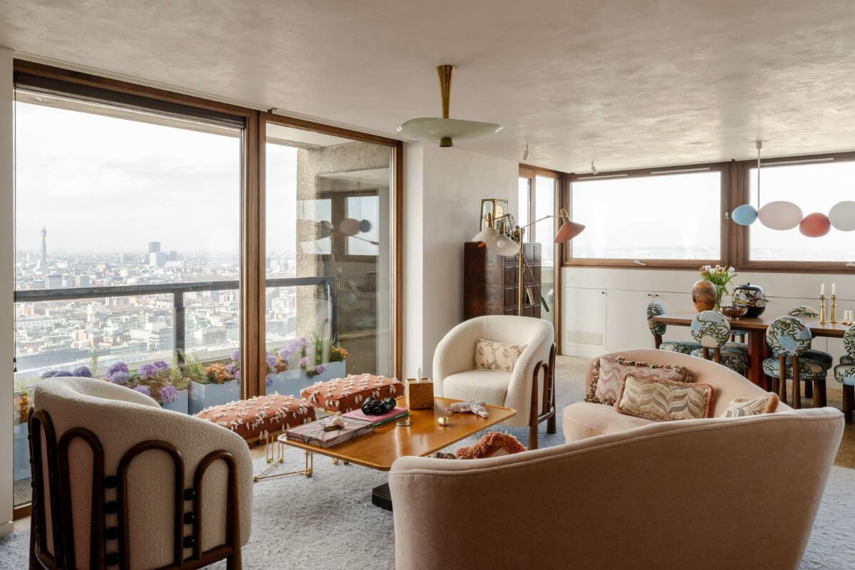 Oak and Marble in a Spectacular Brutalist Apartment in London 5 eclectic living room Oak and Marble in a Spectacular Brutalist Apartment in London