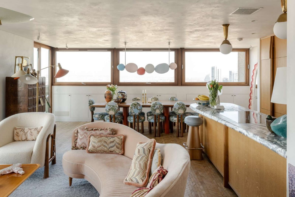 Oak and Marble in a Spectacular Brutalist Apartment in London 6 eclectic open plan living space