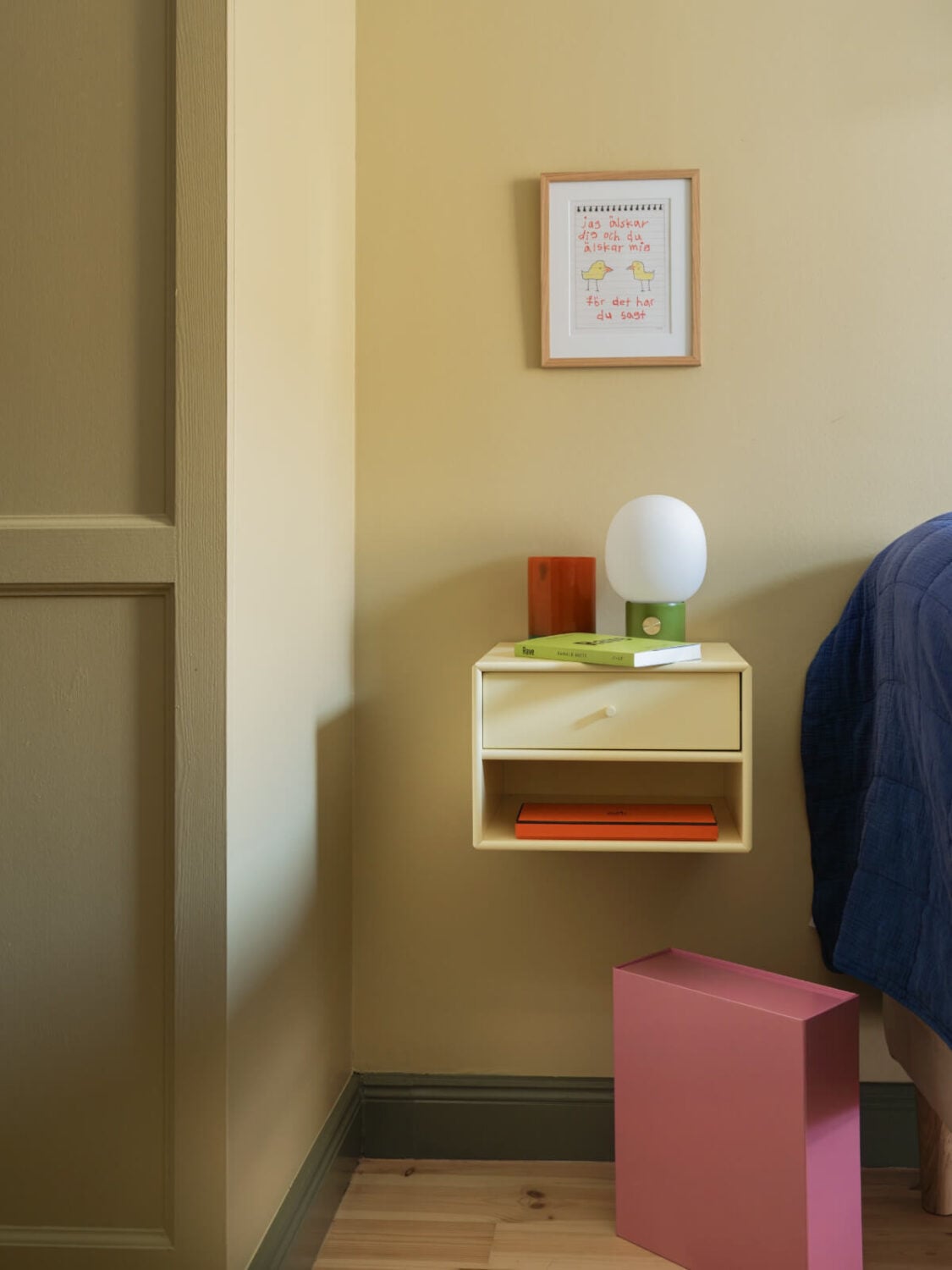 A Yellow and Green Color Palette in a Modern Swedish Apartment 17 floating nightstand