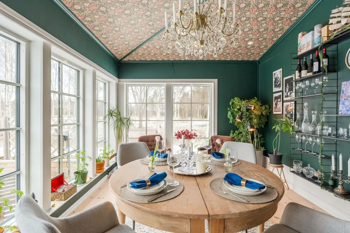 A Cozy Country House in Sweden Filled with Wallpapers 19 garden room wallpapered ceiling