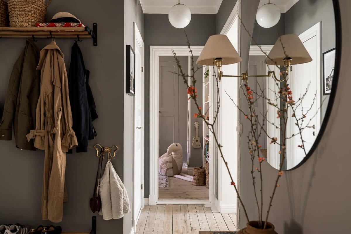Gray Tones and a Classic Kitchen in a Swedish Apartment 28 gray hall wooden floor