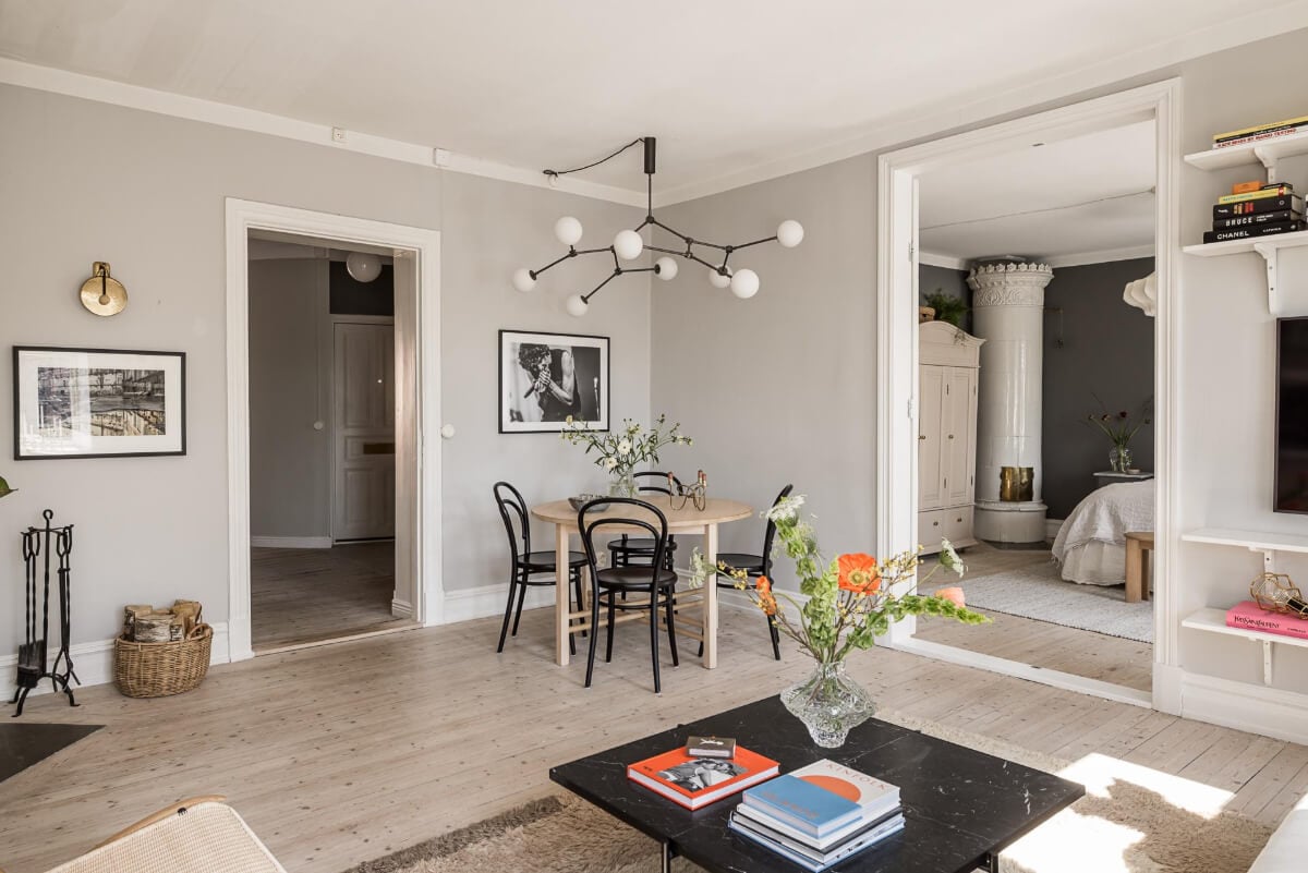 Gray Tones and a Classic Kitchen in a Swedish Apartment 5 gray living room with dining table